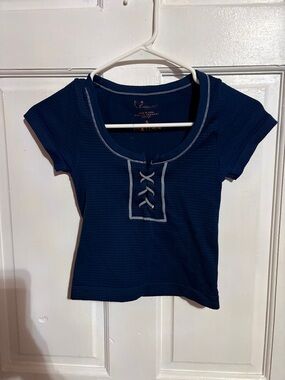 Navy Short-Sleeve Lace-Up Women's Top